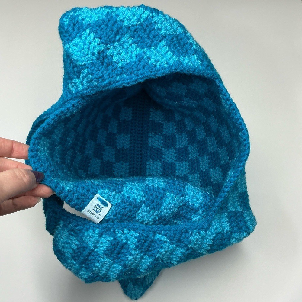 Handmade Sapphire & Cyan Blue Checker Checkerboard Crochet Shoulder Tote Bag