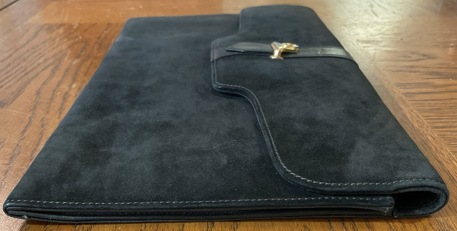 Vintage Gucci Black Suede Clutch, 11 1/2 by 7″, Leather Lining, Made in Italy
