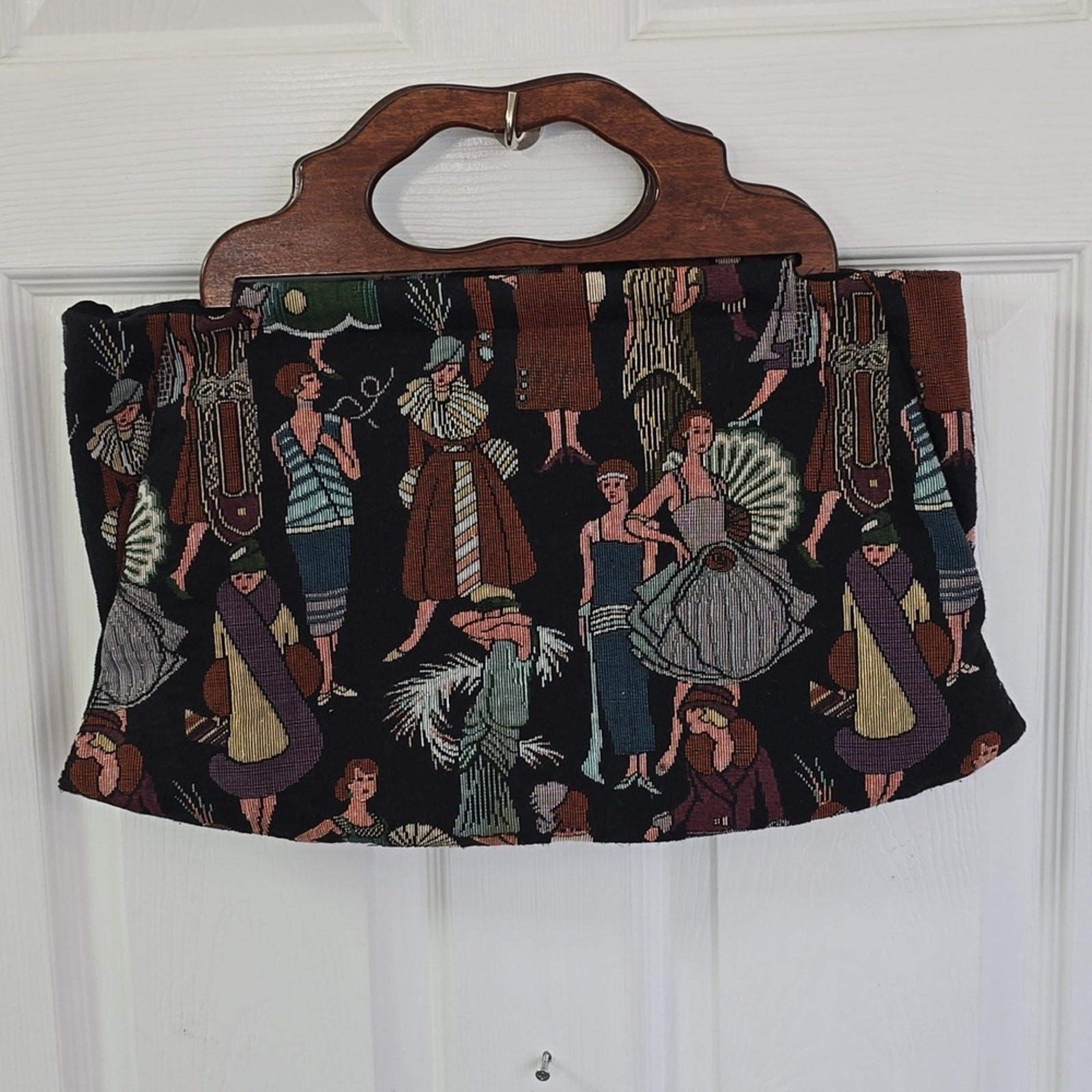 Vintage Retro Tapestry Flapper Roaring 20s Clutch Hand Bag Wood Handle