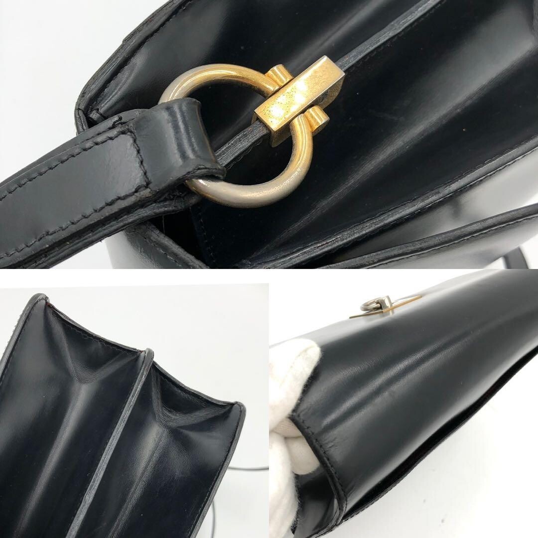 CELINE Macadam Navy Shoulder Bag PVC Leather Turn Lock Women Vintage 19cm 26cm