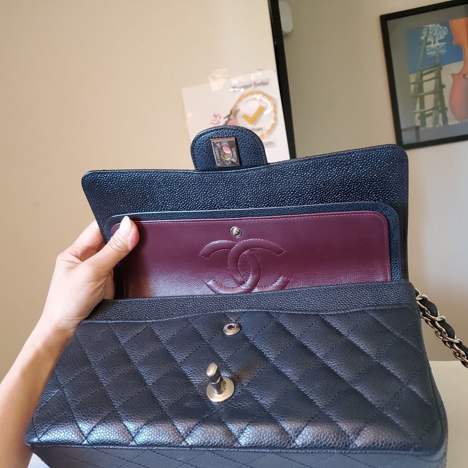$11,700 CHANEL Double Flap Classic Medium black ca.viar bag Silver hw Serial 17