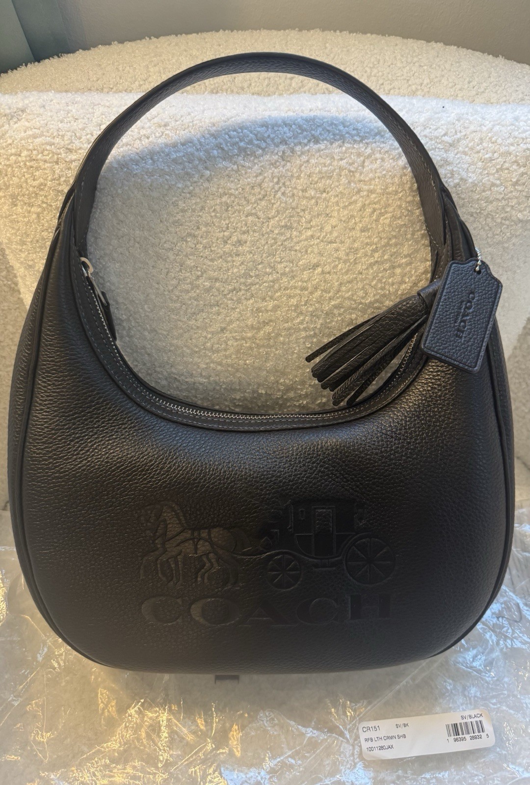 Coach Carmen Pebbled Black Shoulder Bag Logo Tassel Zip Closure Silver Hardware