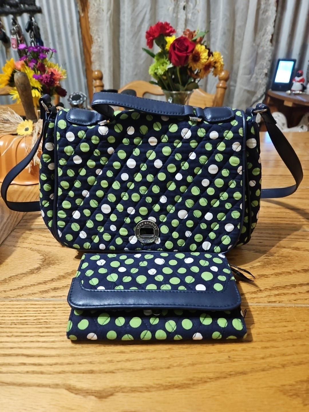 VERA BRADLEY “LUCKY YOU” TURN LOCK Purse With Matching Wallet Navy Blue Green…