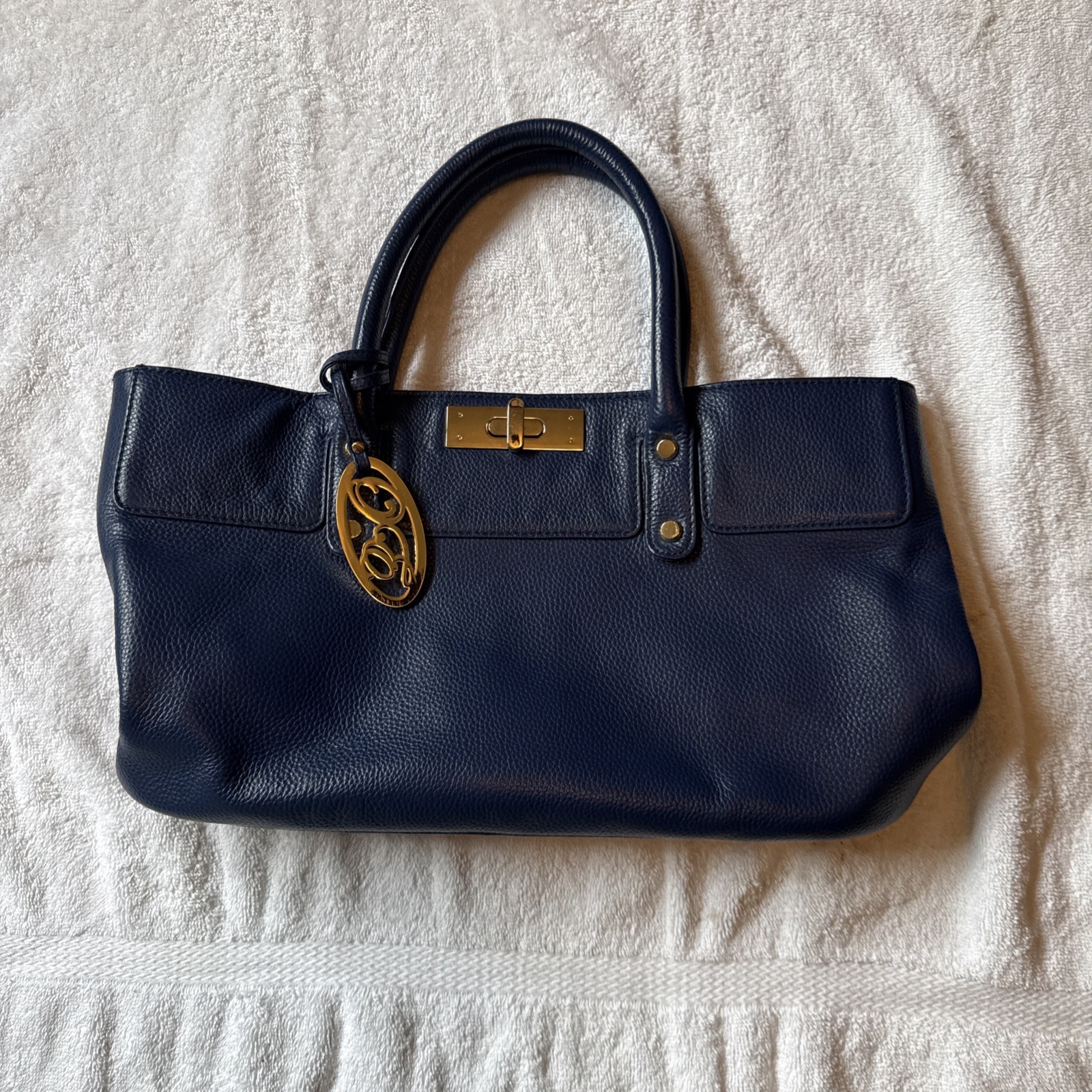 Onna Ehrlich Navy Blue Pebbled Leather Tote Bag Gold Hardware Satchel Handbag