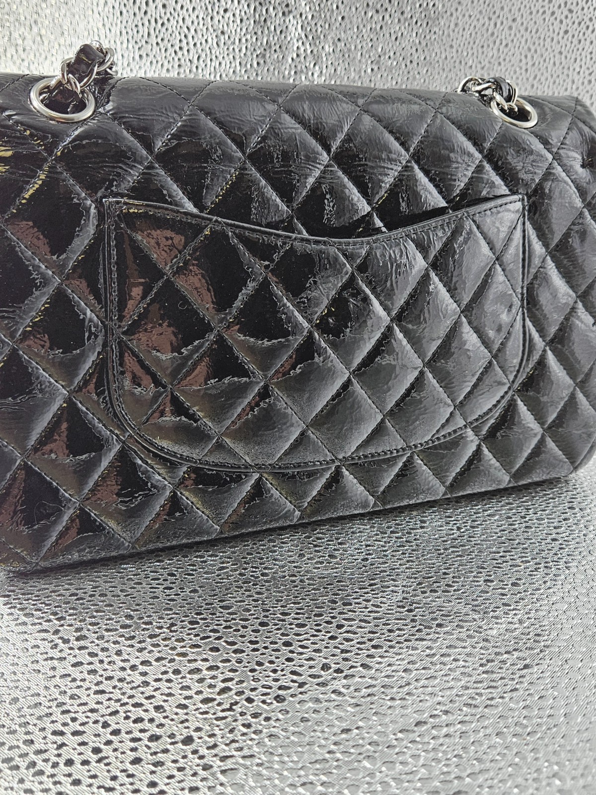 Authentic CHANEL Classic Quilted Patent Leather Double Flap Bag – Black