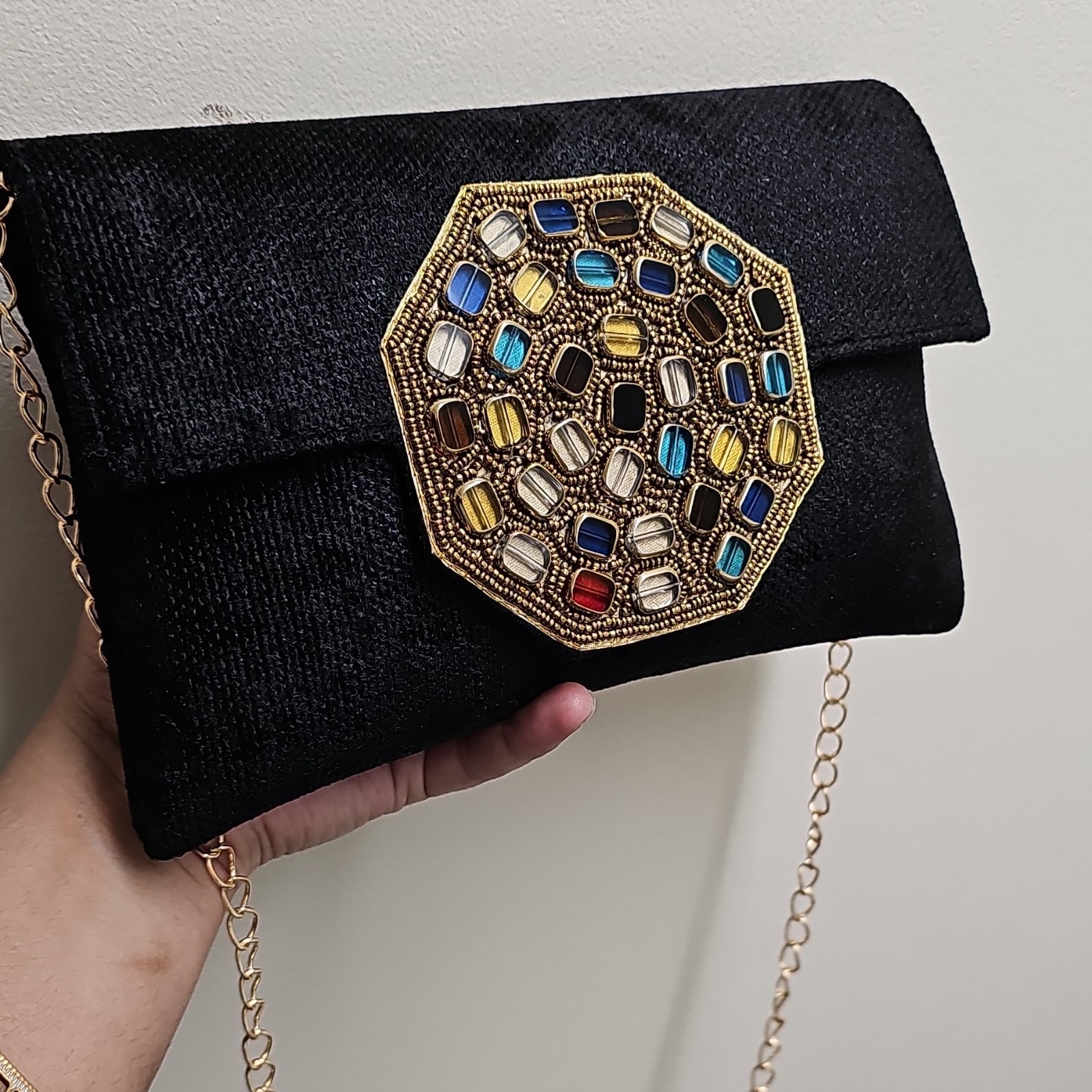 Women’s Black Beaded Rectangle Clutch Gold Chain Shoulder Strap Magnetic