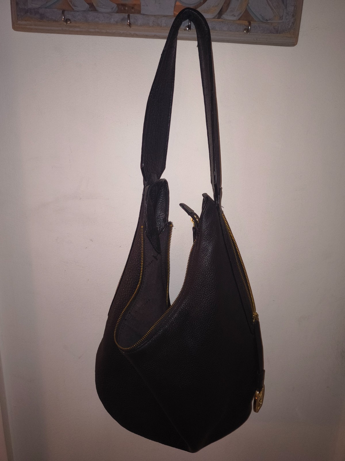 Hermitage Black Pebbled Leather Hobo Shoulder Bag Large Gold Hardware
