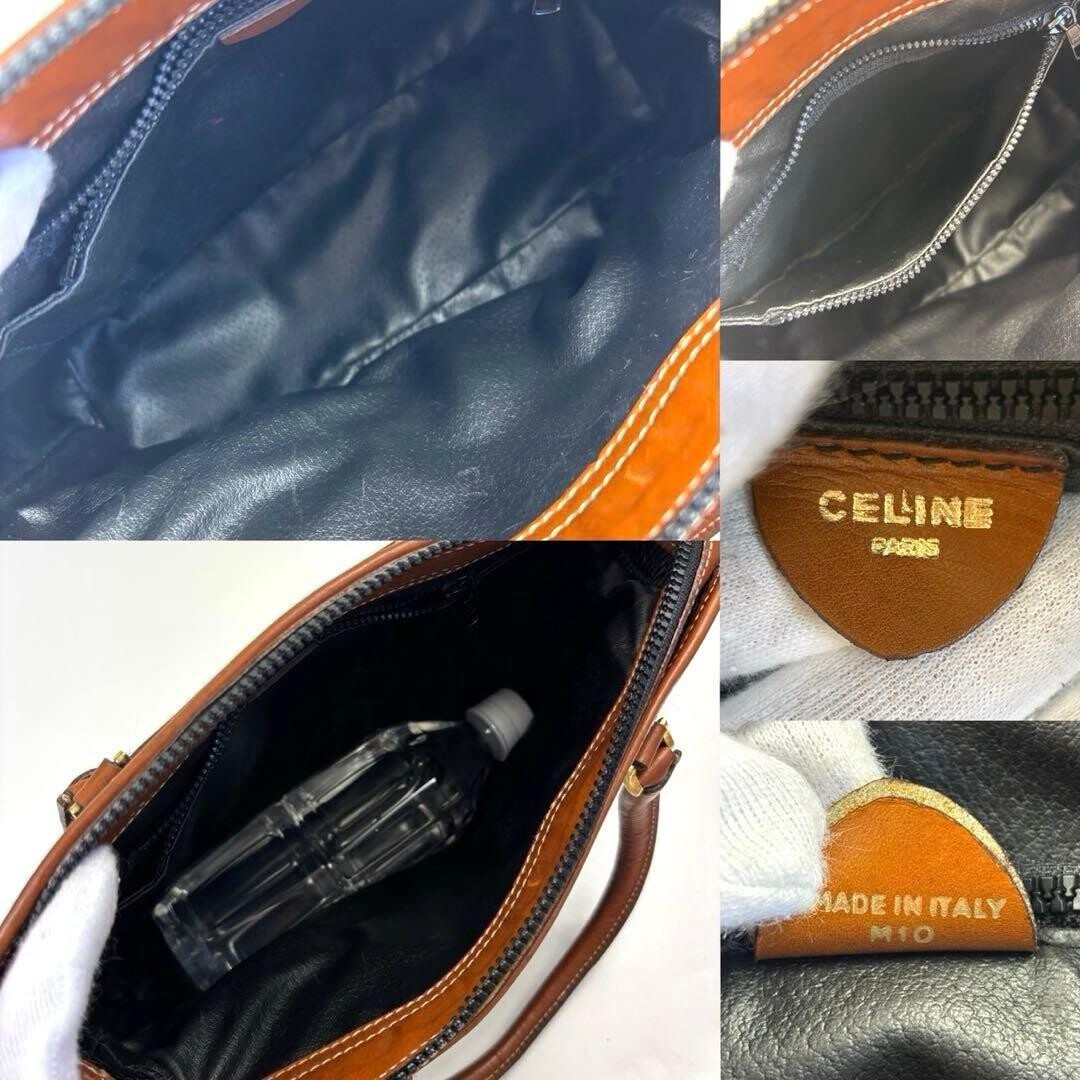 CELINE Triomphe Black Brown Leather Pebbled Handbag Double Handle 28cm 21cm