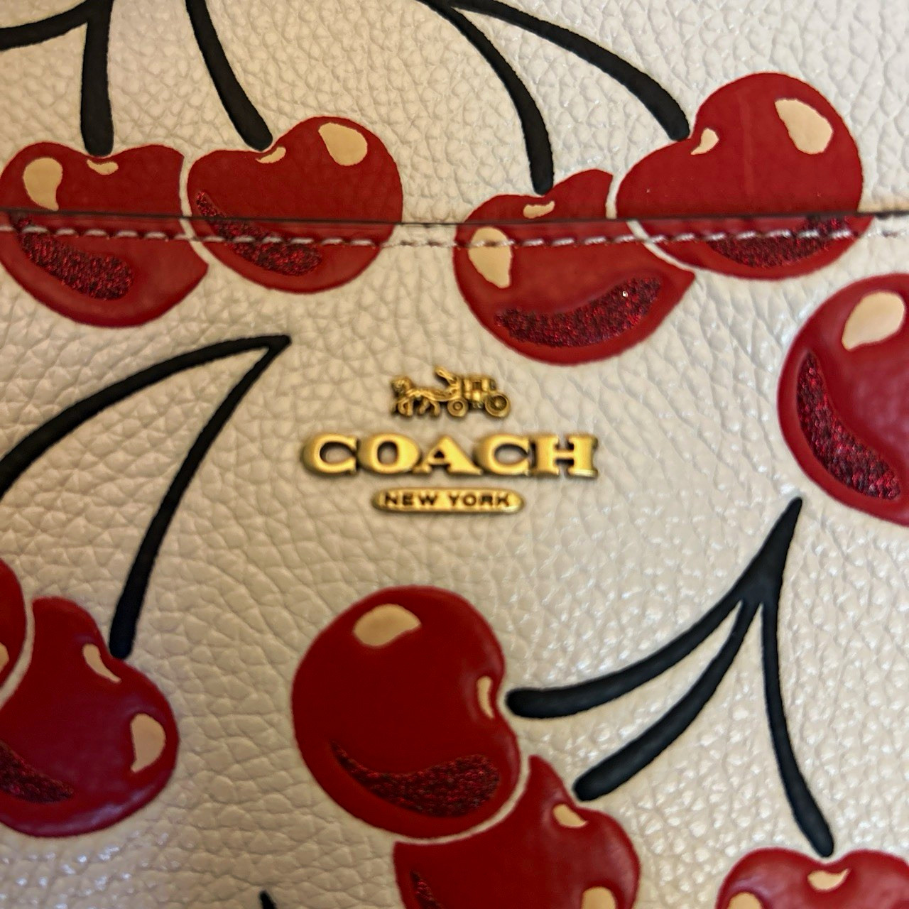Coach Cherry Print Pebbled Crossbody Bag Small White/Red Zip Adjustable Strap