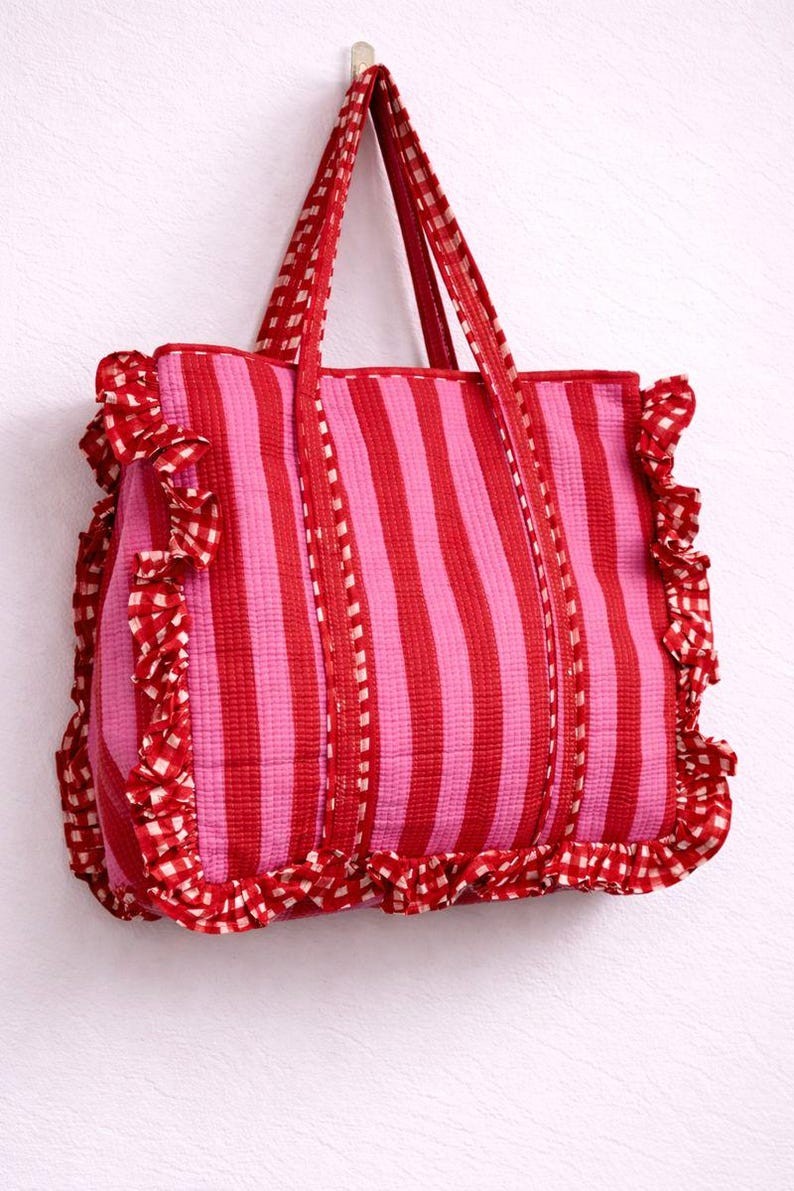 Handmade Quilted Cotton Tote Bag | Red & Pink Striped Ruffle Reversible Shopper