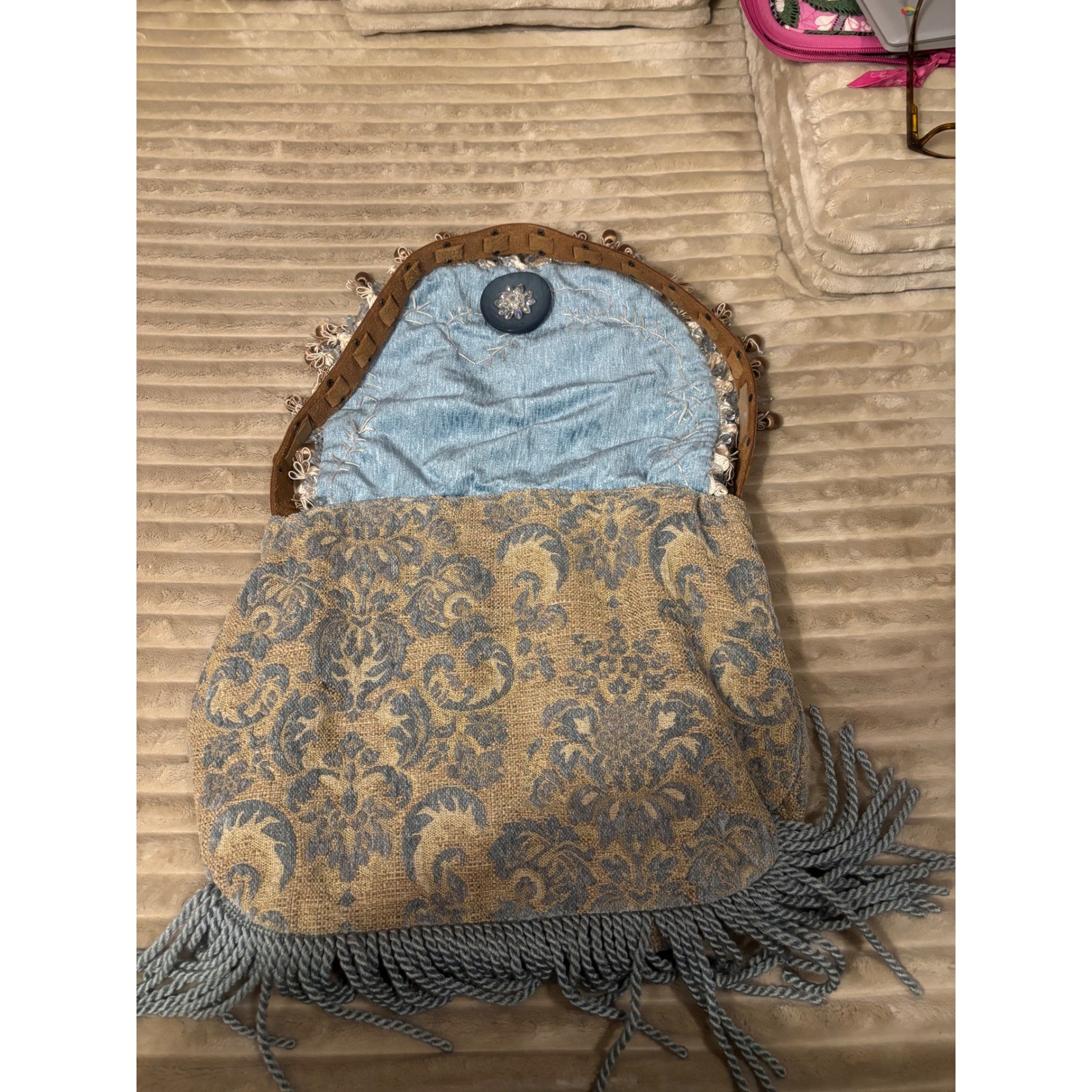 Bohemian Boho Fringe Beaded Button Fabric Shoulder Bag Purse with Leather Strap