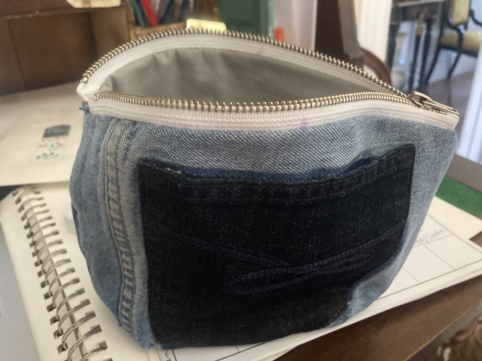 Denim jean bag/tote/purse from repurposed Jeans by Shotzi designs -extra pouch