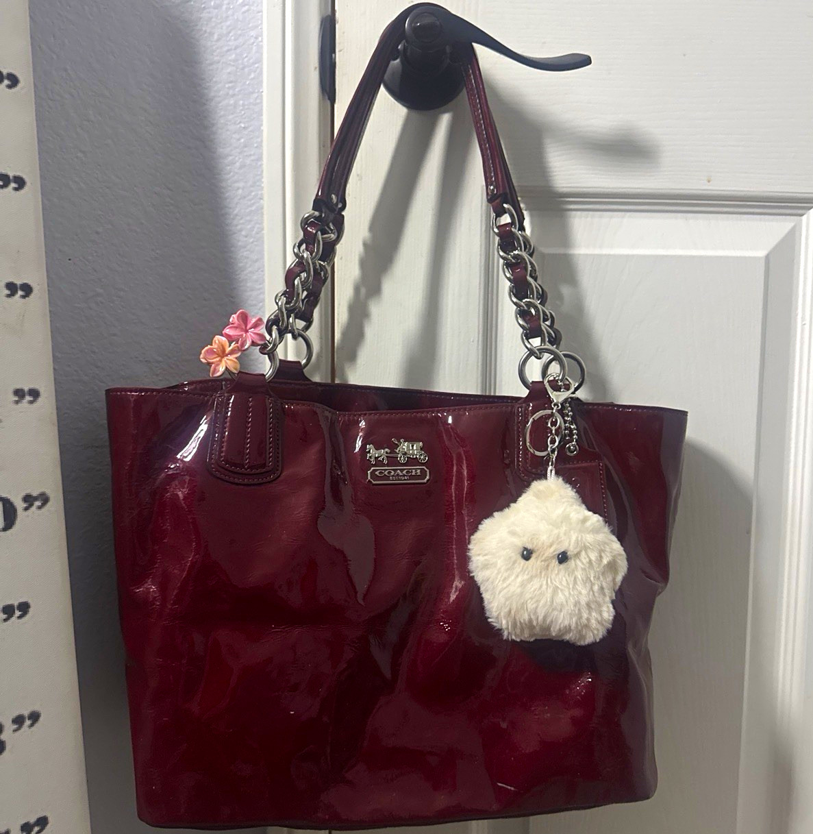 Coach Burgundy Patent Tote Zip Double Handles Silver Chain Straps Pink Lining