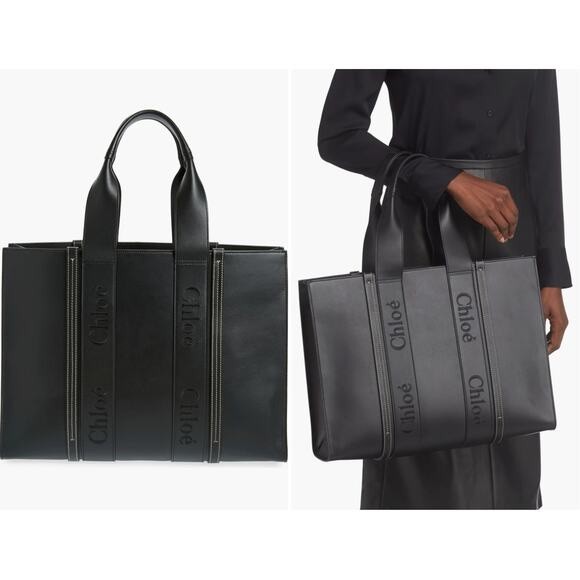 CHLOE Large Woody Leather Tote, Black, 100% Authentic