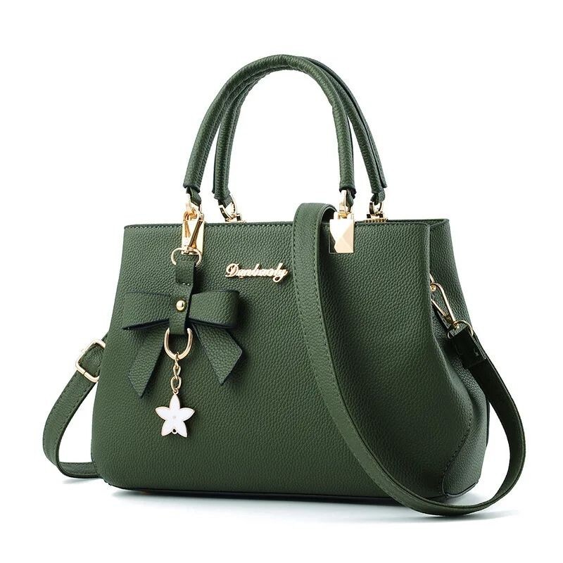 Elegant PU Leather Women’s Tote Crossbody Bag with Flower Pendant & Bow