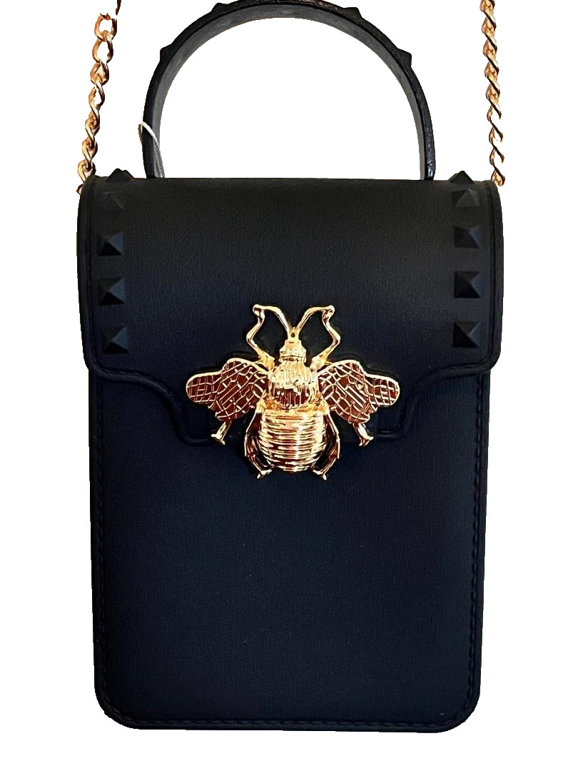 Emperia Black Vegan Handle Handbag Purse GOLD BEE OR INSECT Studded Gold Chain