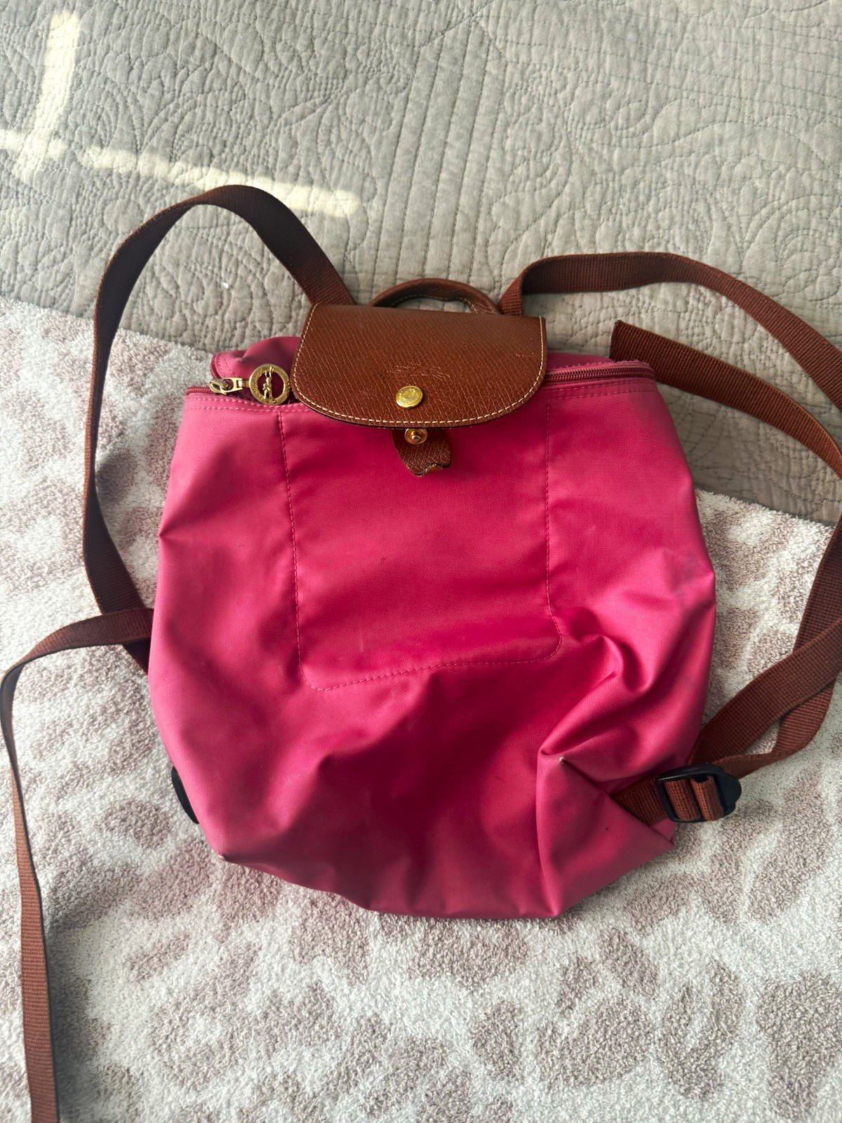 Longchamp Pink Medium Le Pliage Brown Leather Top Handle, Zip/Snap, Lined