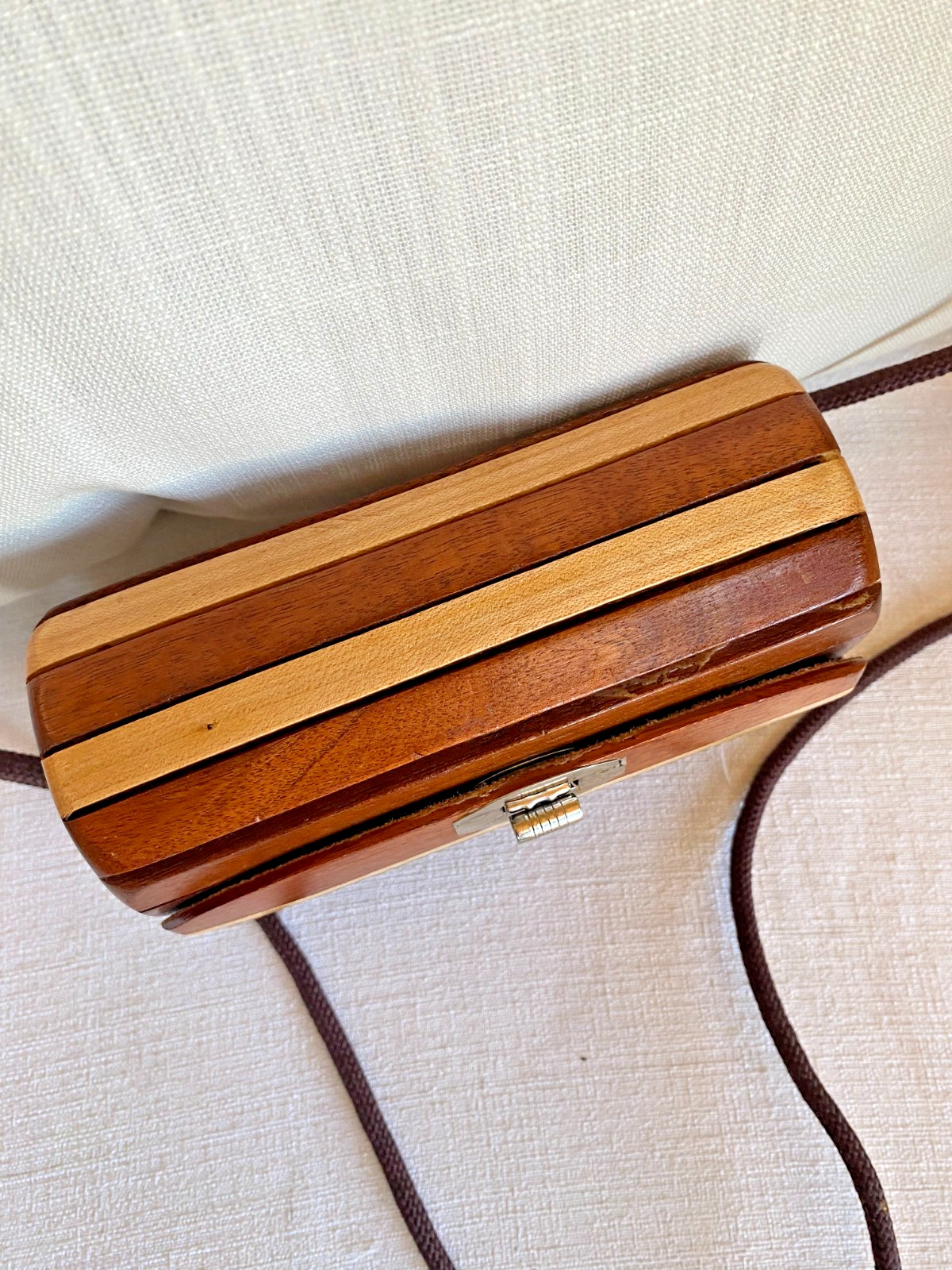 Vintage Wood Cross Body Handbag Mini Purse Metal Closure