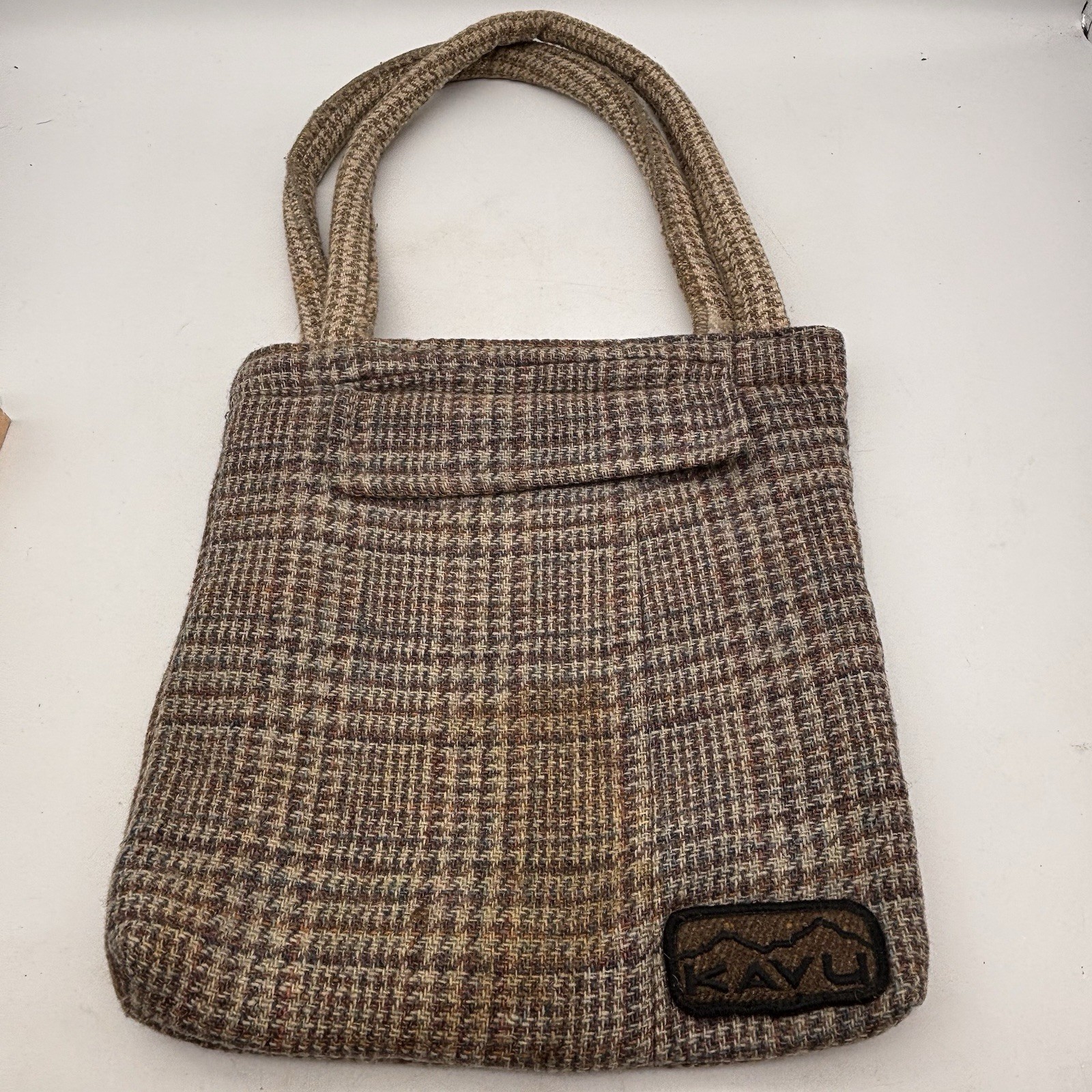 Kavu Tweed Tote Purse Bag Classic Brown Tan Plaid Woven Wool Blend
