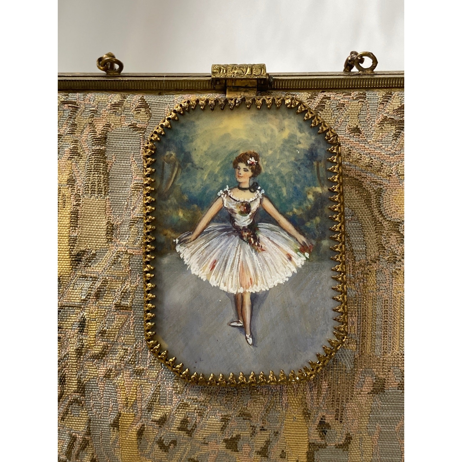 Vintage 1920s Parisian Tapestry Evening Bag Ballerina Painted Medalion Closure S