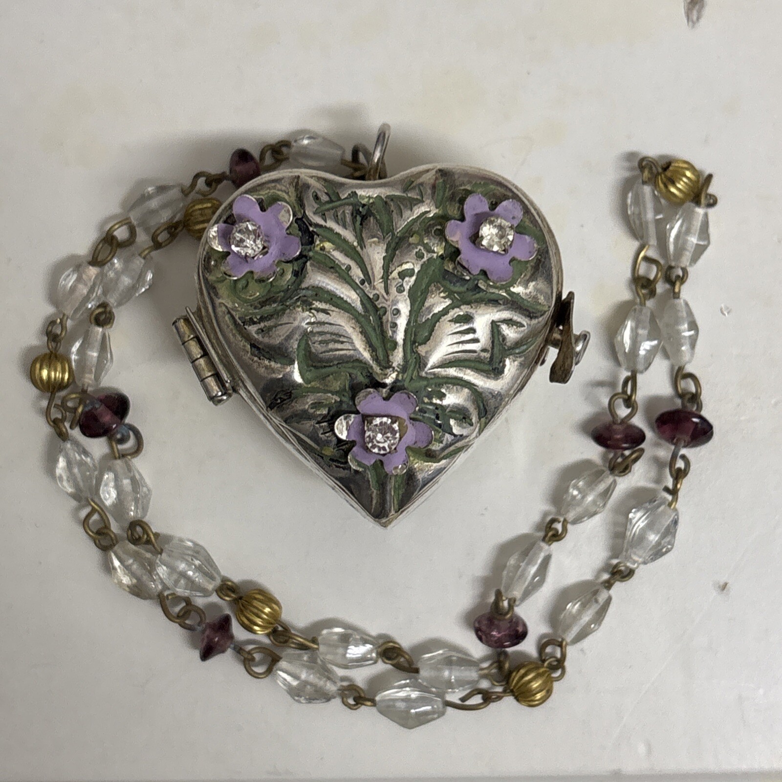 Silver Plated Hinged Embossed Heart Box Wristlet Bag Purse Flowers Crystals