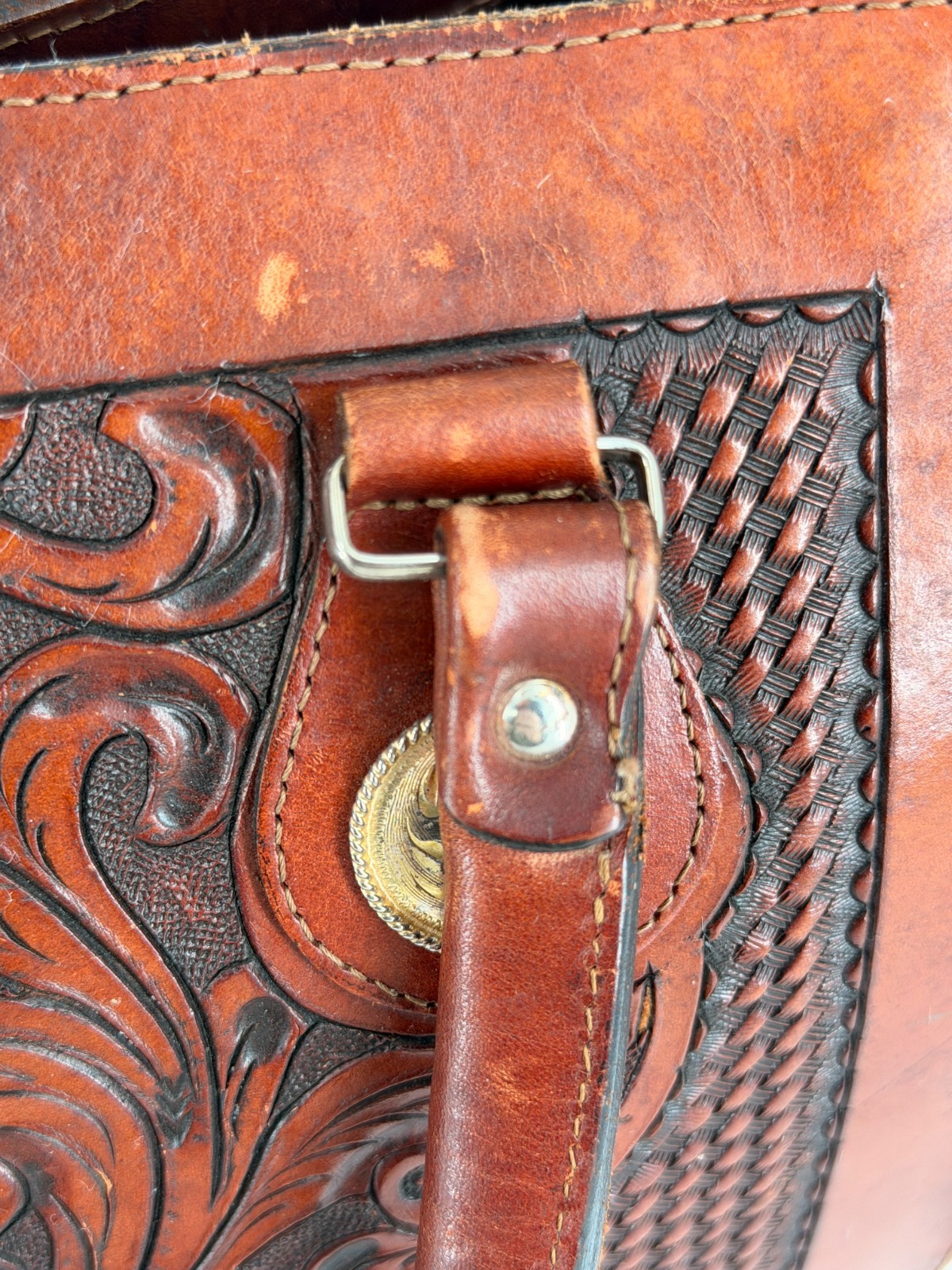 Vintage Tooled Leather Western Handbag Purse Brown Floral Buckle Satchel Boho