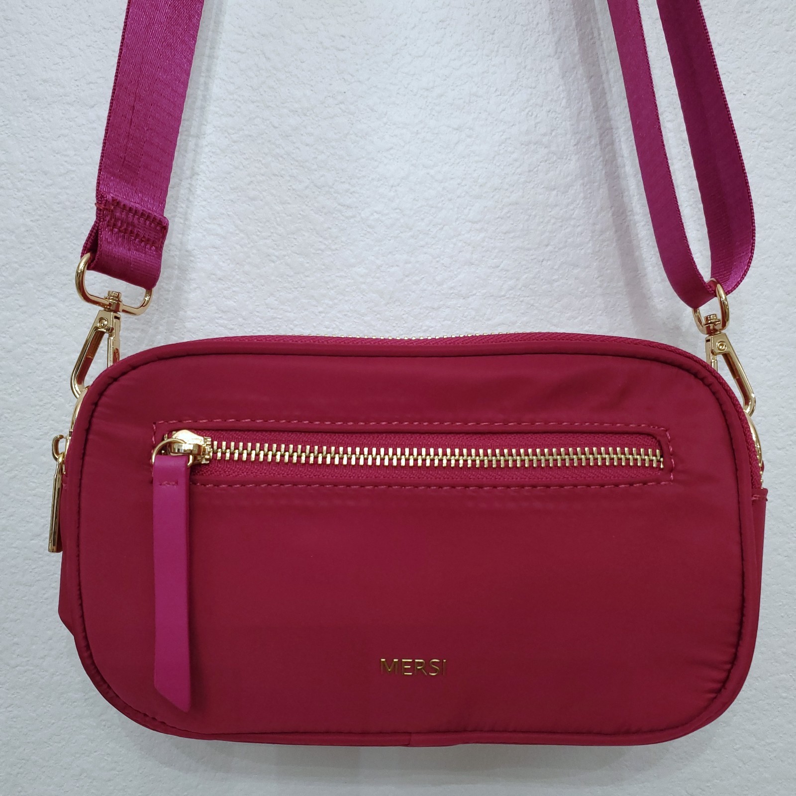 MERSI June Nylon Crossbody Bag in Magenta with Gold Hardware