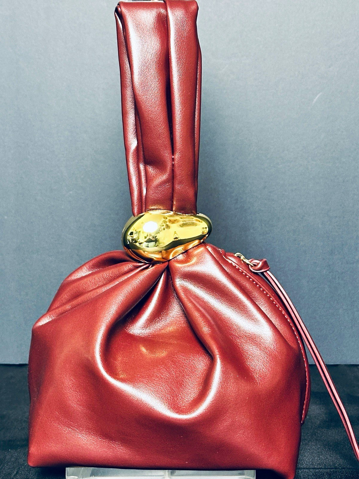 Unbranded Burgundy Knot Wristlet Clutch Gold Tone Accent Soft Faux Leather