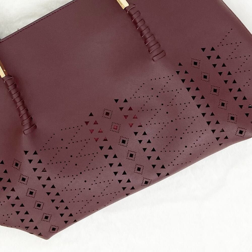 Burgundy Semi‑PU Tote Purse Structured Laser Cut Design Large Shoulder Bag