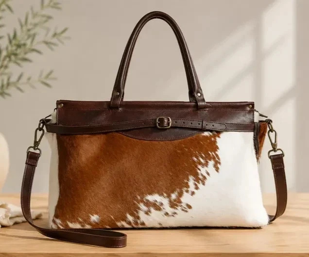 Women’s Brown White Cowhide Leather Tote Bag Genuine Hair On Hide shoulder Purse