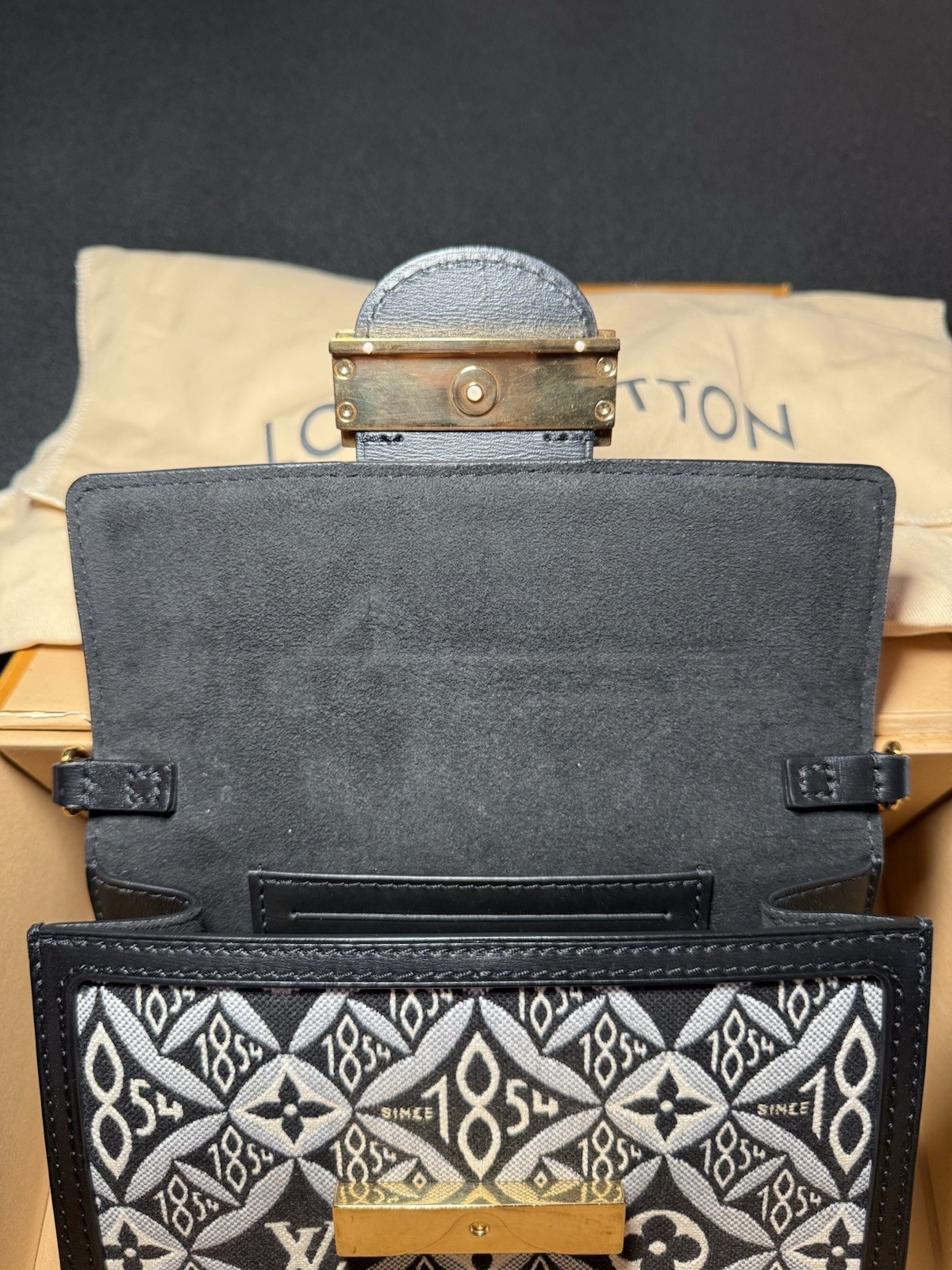 Louis Vuitton Black Blue Jacquard Since 1854 Dauphine Chain Wallet w/ Dust Bag