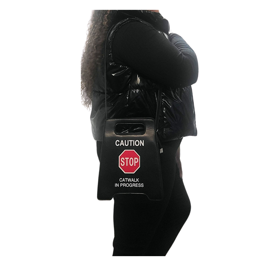 BLACK Novelty AFrame Shaped Caution Sign Pattern Design Crossbody Bag Whimsical
