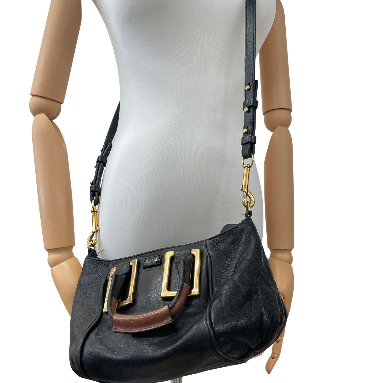 Authentic Chloe Ethel 2way Handbag Shoulder Bag Leather Black Gold Hardware