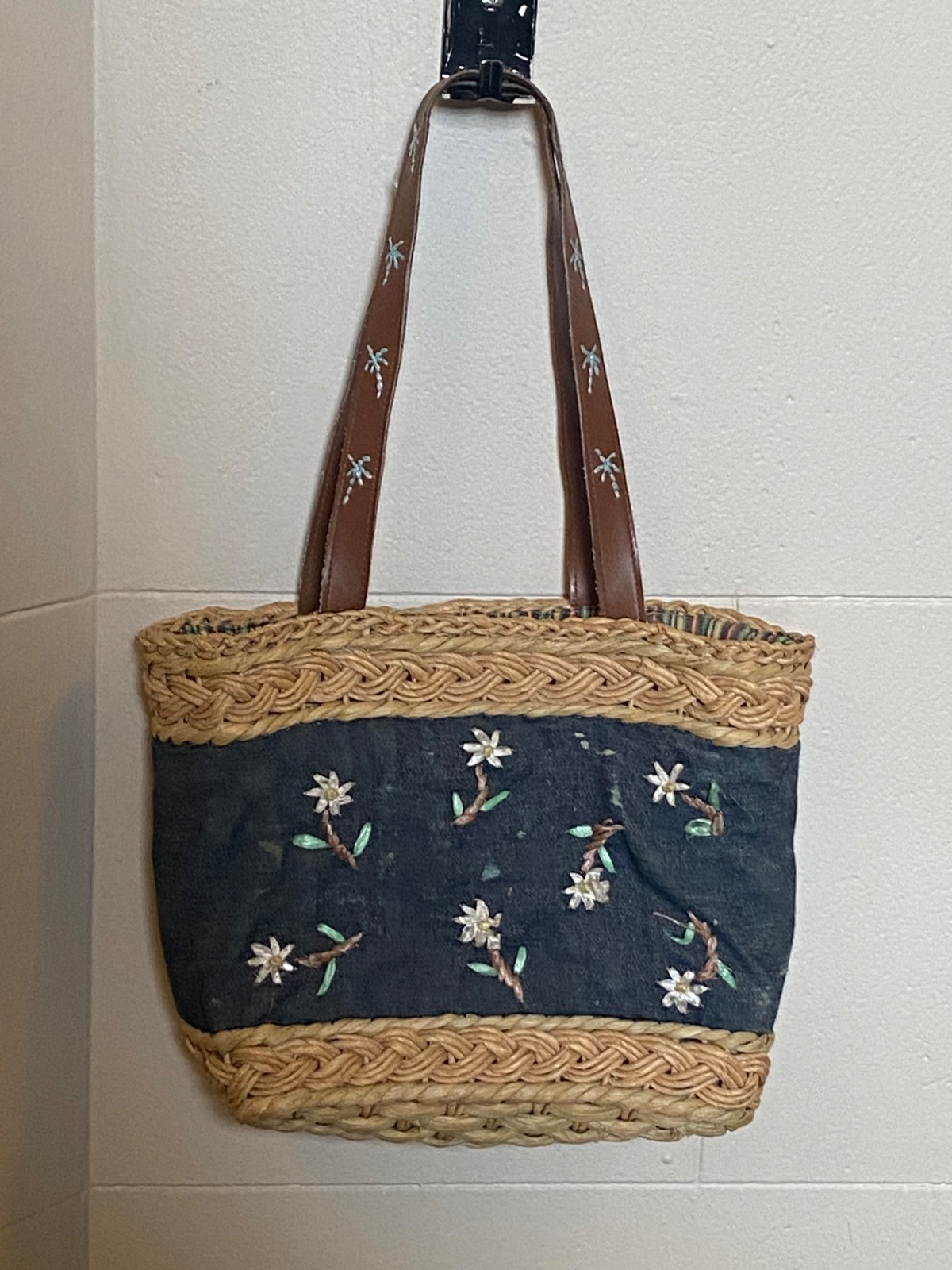 Carry Bag Combination Straw Bani Top And Bottom Emphasis Flower Details On Denim