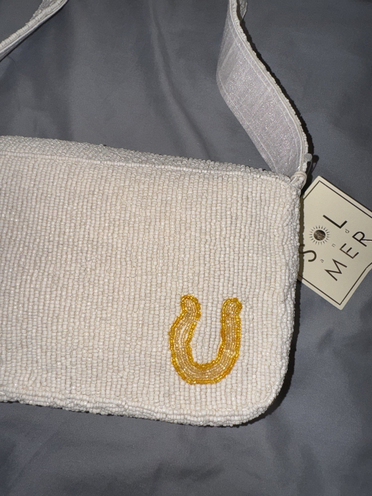 White Beaded Shoulder Bag with Boots and Flowers New with Tags