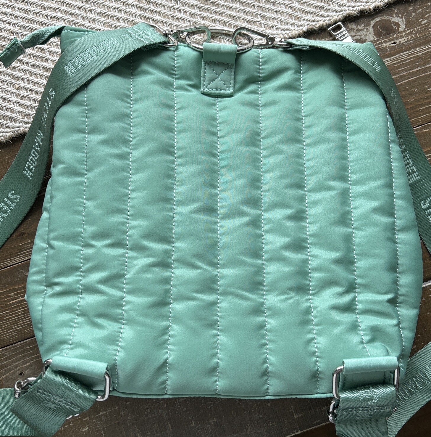 Steve Madden Sumba Mint Green Blue Nylon Puffy Logo Backpack w/ Silver Hardware