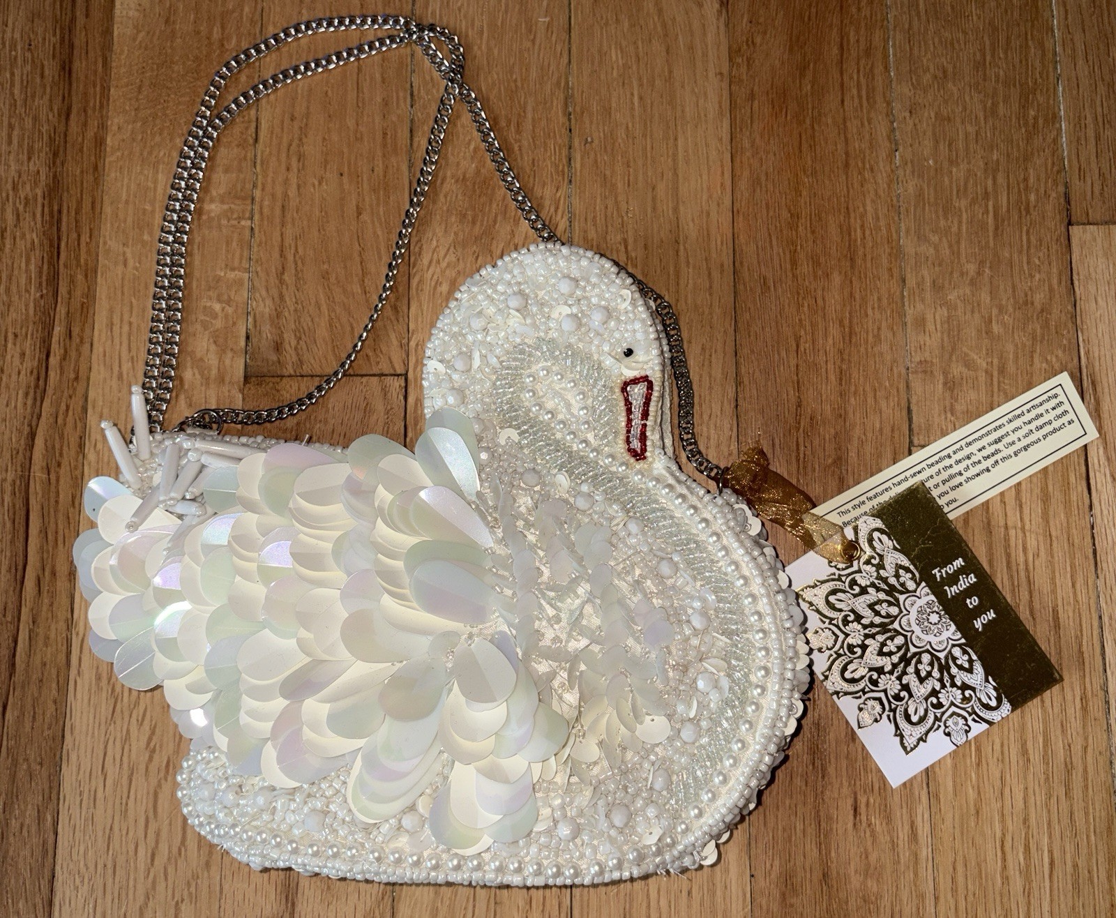 Viral White Swan Beaded Sequin Bag Crossbody From India to You NWT