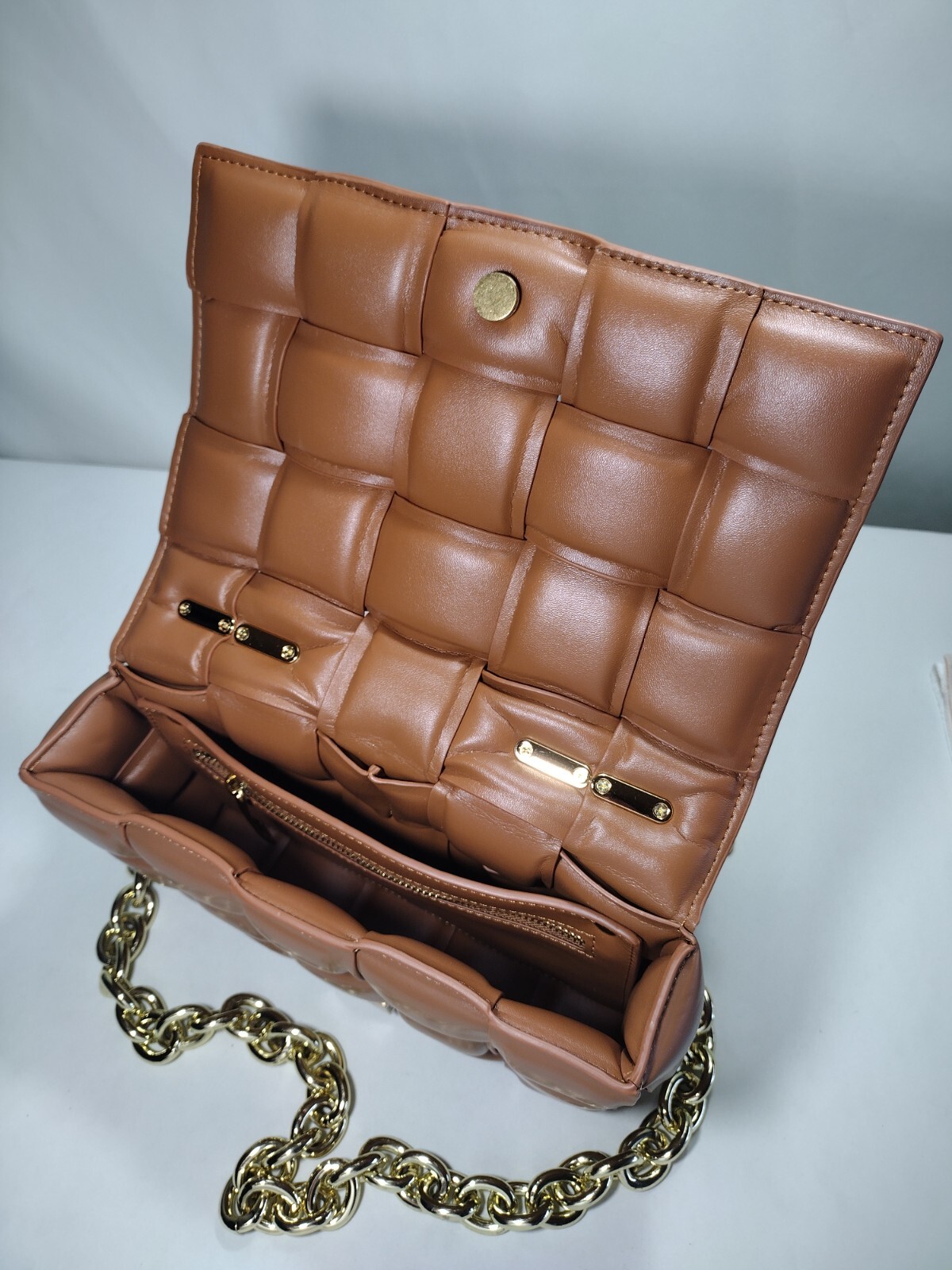 Brown Padded Faux Leather Chain Cassette Shoulder Bag 11 x 7 x 4 in. NEW