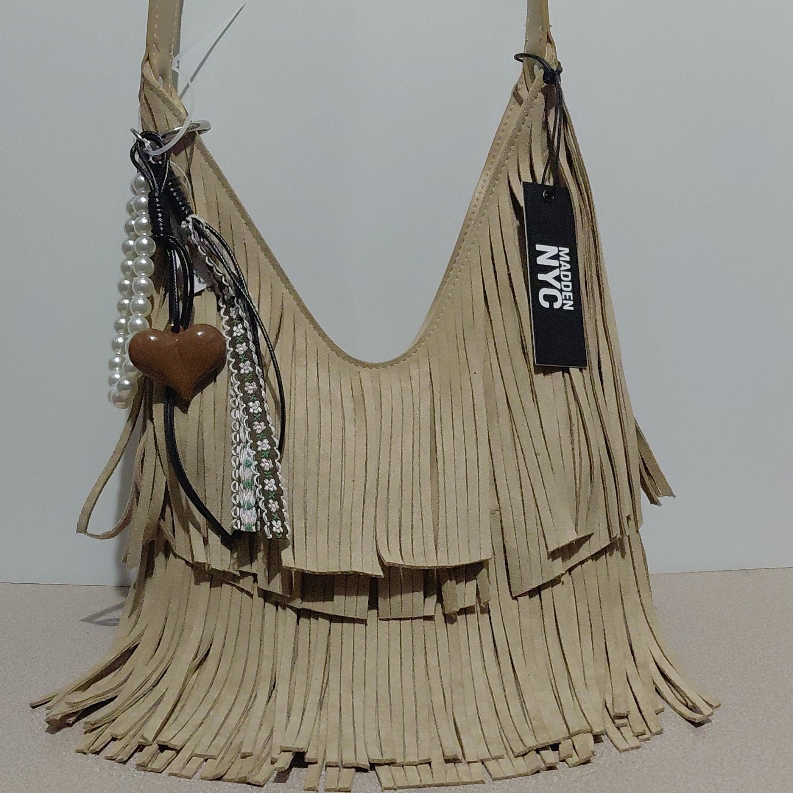 Madden NYC Beige Bohemian Fringe Shoulder Bag Beaded Charm Inner Pockets Silver
