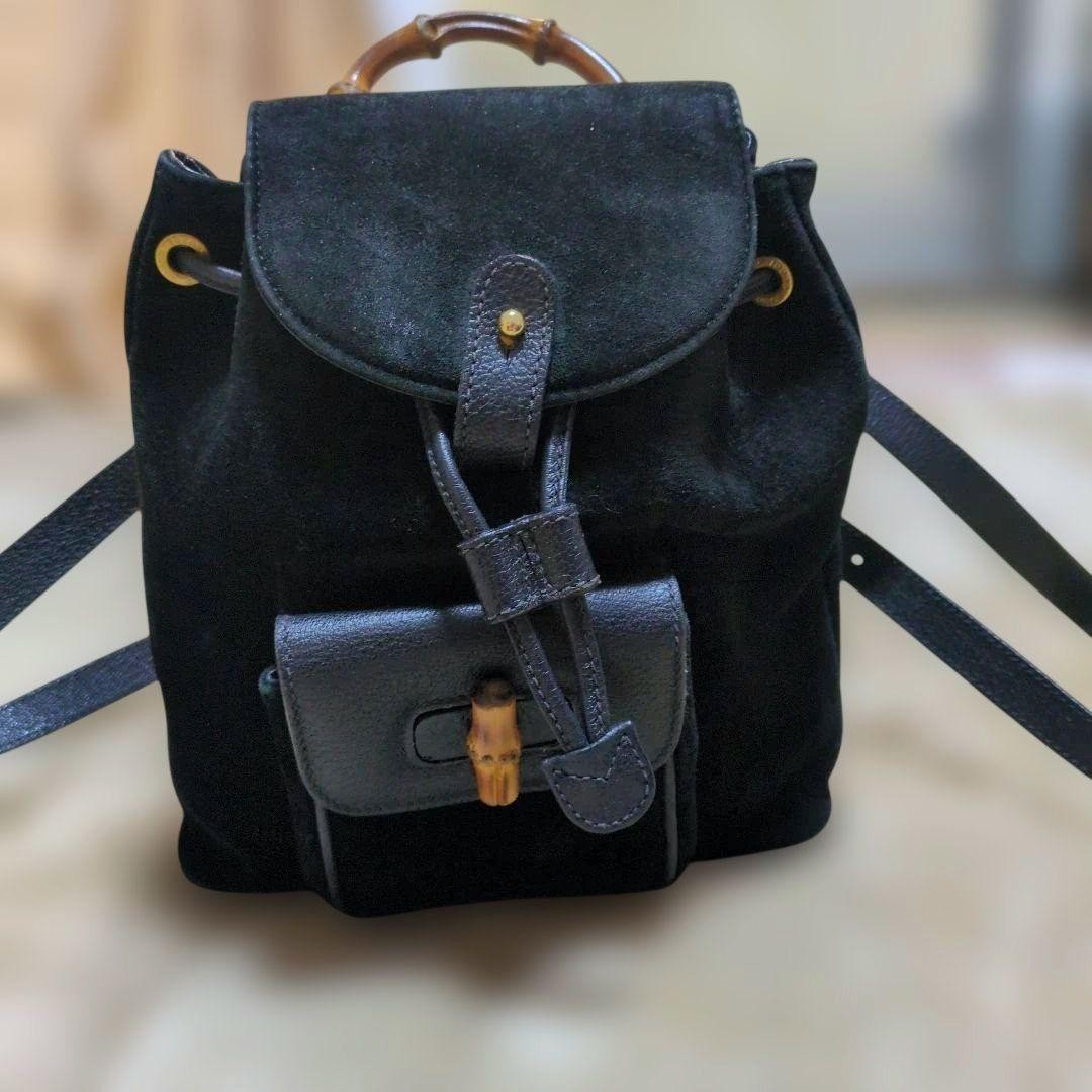 GUCCI Bamboo Turn Lock Suede Backpack Black Women Auth 11.02 x 11.81 x 3.93inch