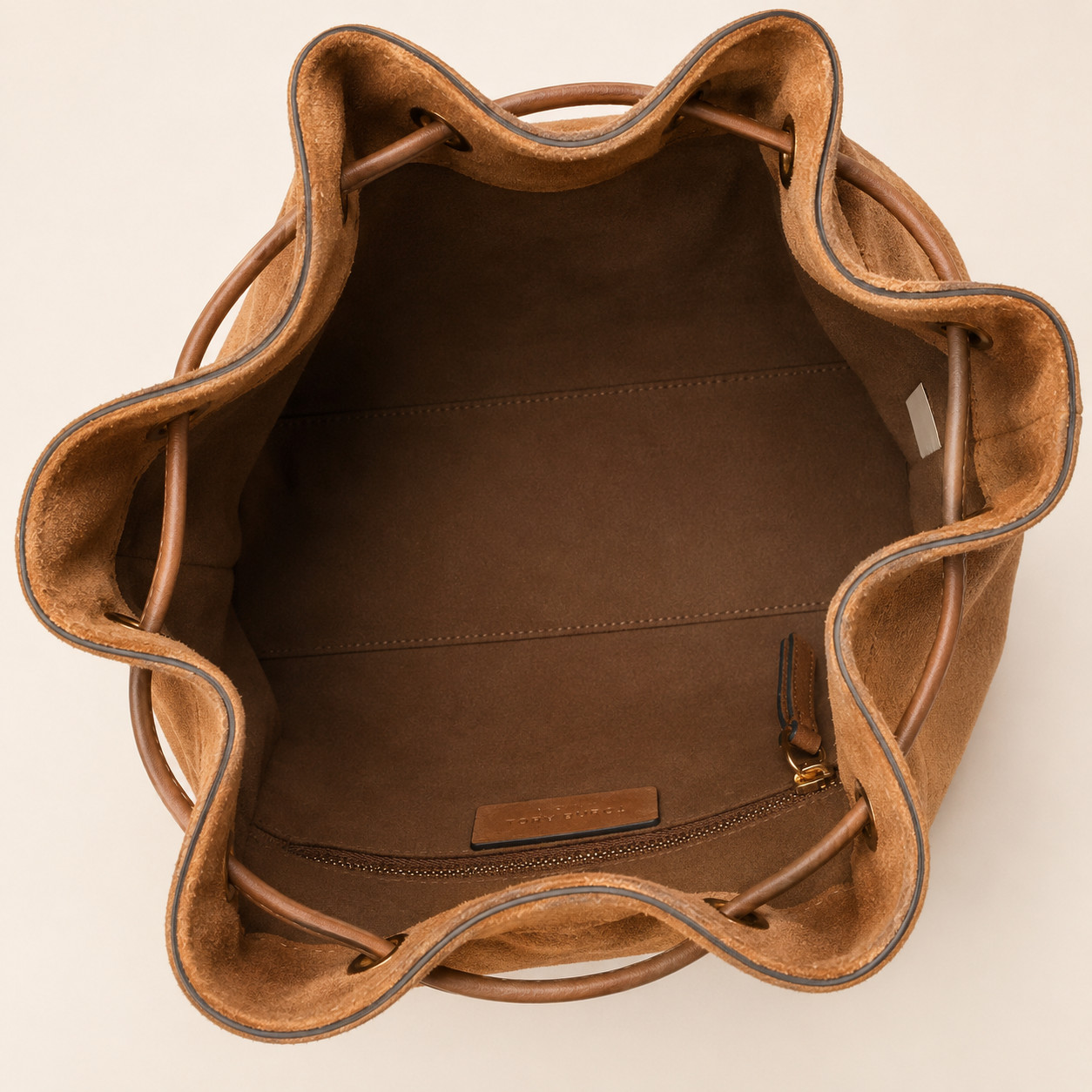 Authentic Tory Burch Charlie Quilted Toffee Suede Drawstring Bag NWT NO Duties