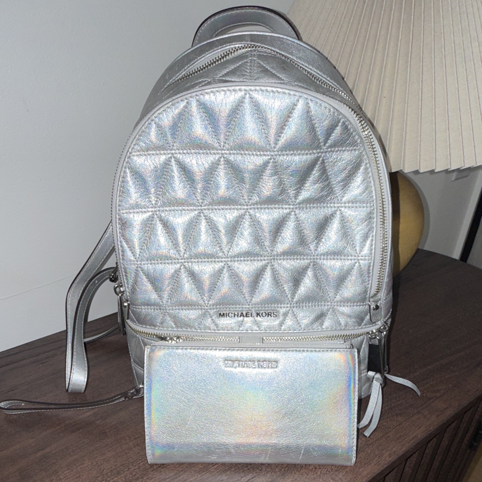 Michael Kors Silver Quilted Zip Backpack+Wristlet Wallet, Logo Zipper, Pockets