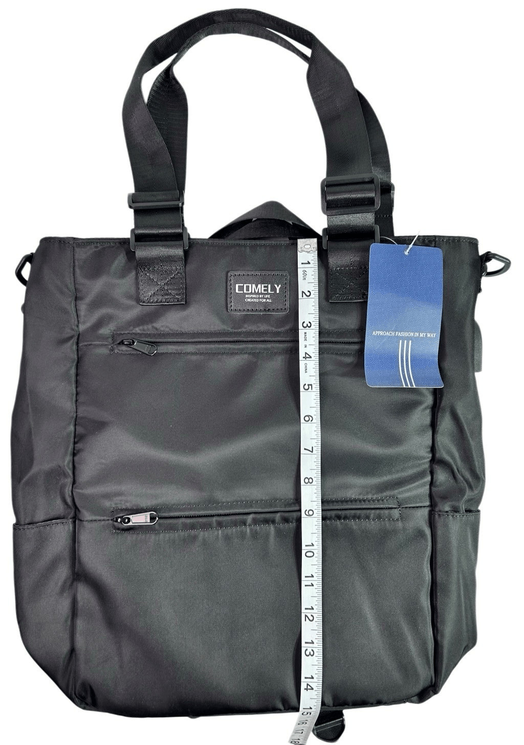 COMELY Black Nylon Tote Bag USB Charging Port Work Travel Tech Laptop Purse