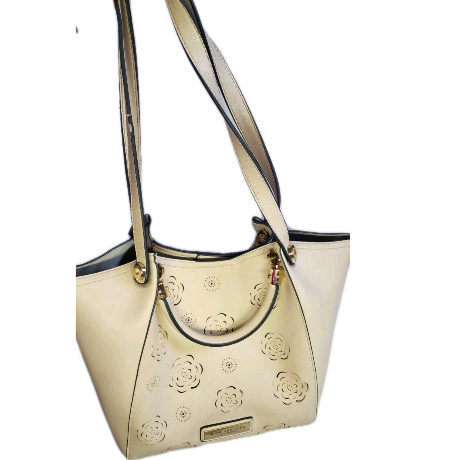 Marc New York Andrew Marc Beige Flower Cut Out Hobo Bag Purse Gold Hardware