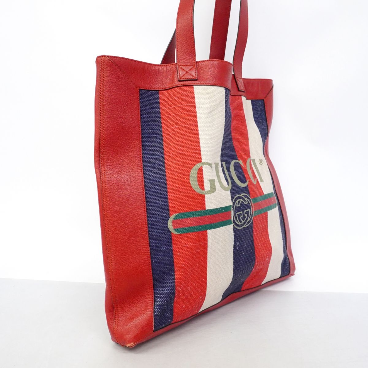 Authentic GUCCI Women’s Canvas Leather Tote Bag 40.5cm Red Navy Gold Hardware