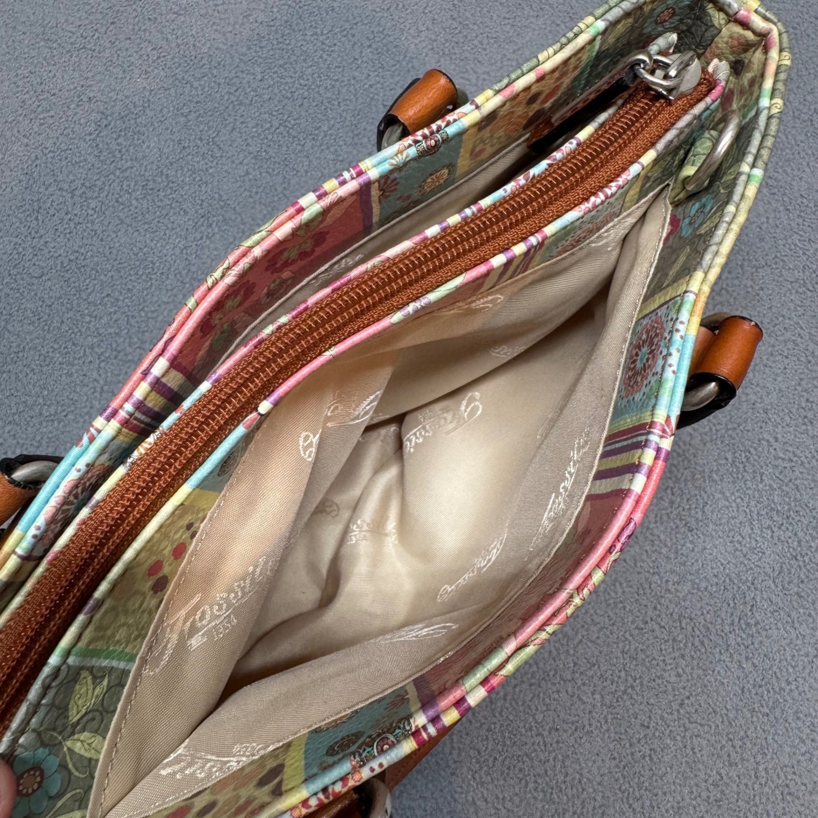 Fossil Satchel Floral Patchwork Leather Trim Bag Small Multicolor ZB7013 Boho