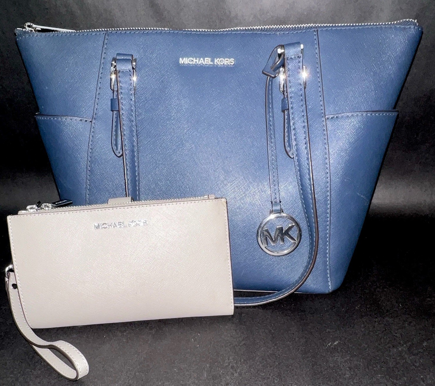 Michael Kors Charlotte LG Zip Leather Tote Blue Jet Set Wristlet Wallet Grey