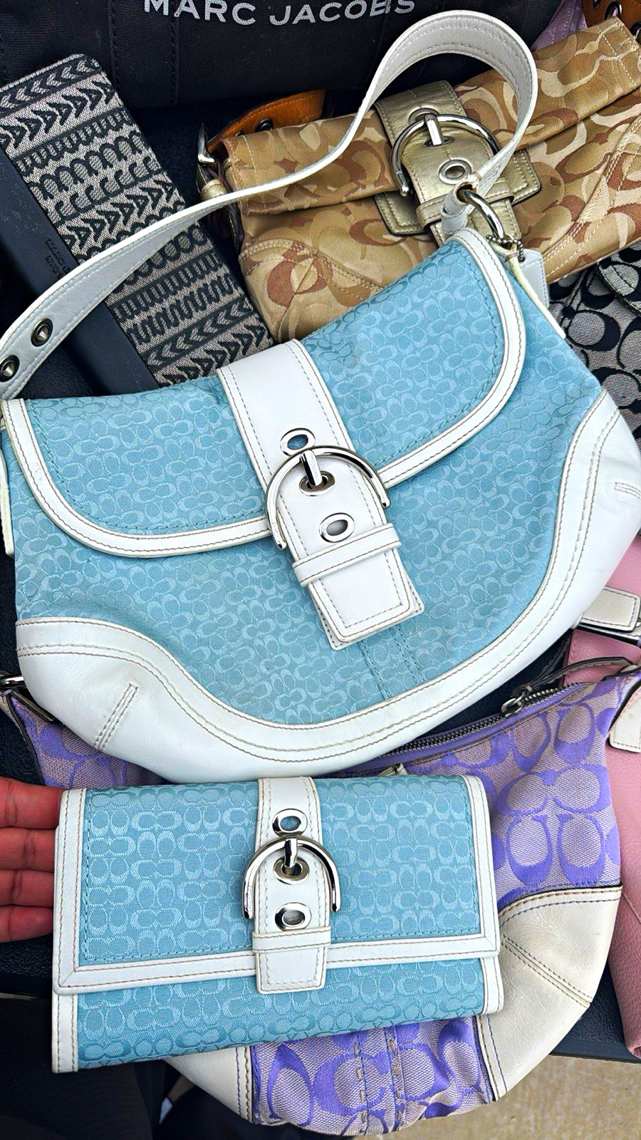 Coach Signature Blue/White Small Crescent Shoulder Bag w/ Wristlet Buckle