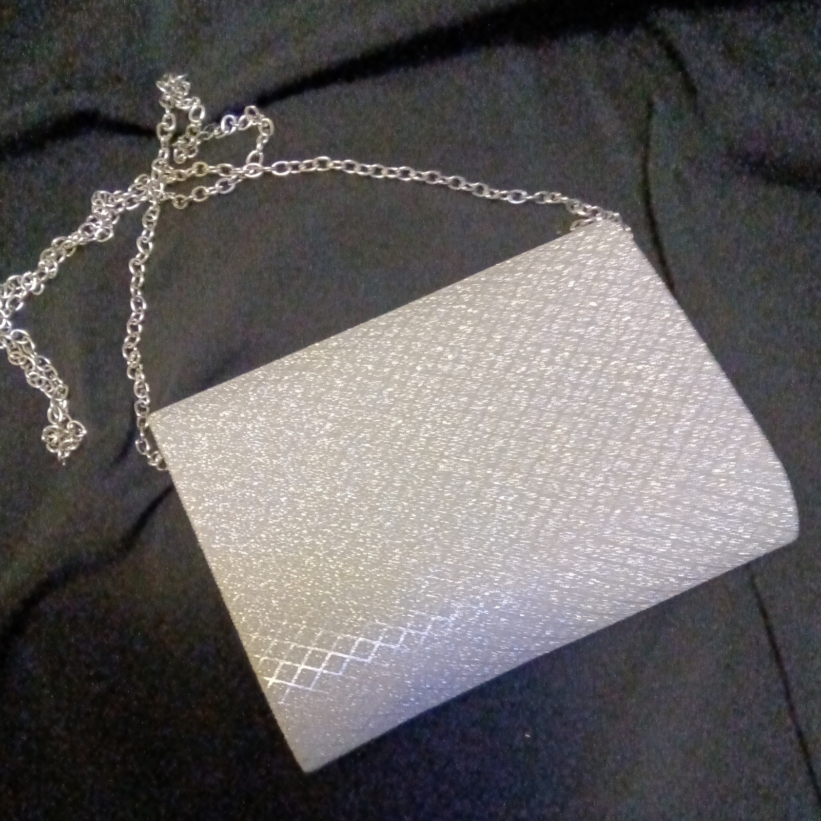 Silver Glitter Metallic Clutch Purse w/ Chain Shoulder Strap, Snap Closure