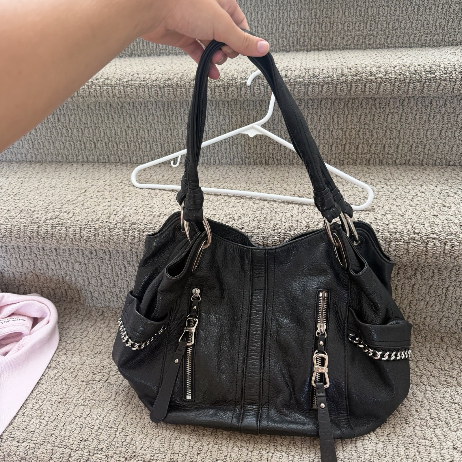Swarovski Black Pebbled Shoulder Bag Zip Silver Chain Detach Strap Pockets
